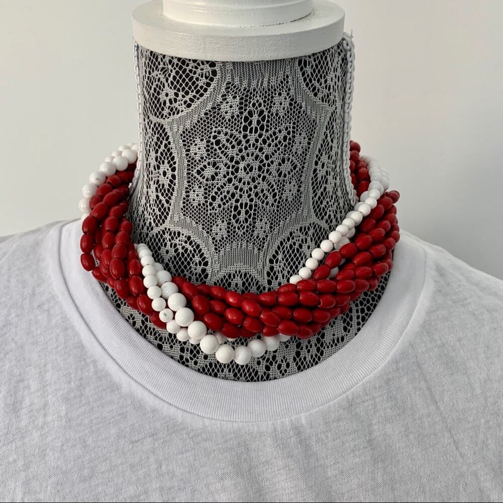 Vintage Ethnic Wooden Beaded Choker Necklace Red and White